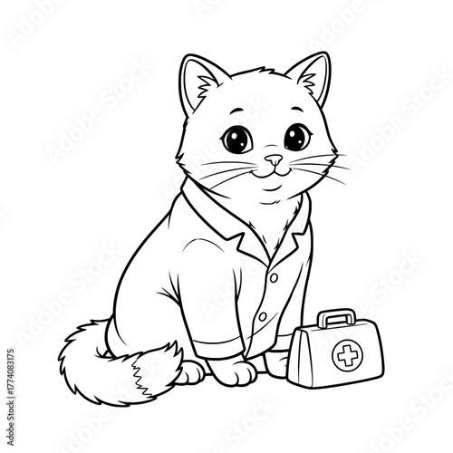 Adorable cartoon cat dressed as a doctor with a first aid kit, perfect for children's books, healthcare promotions, or educational materials, vector origin