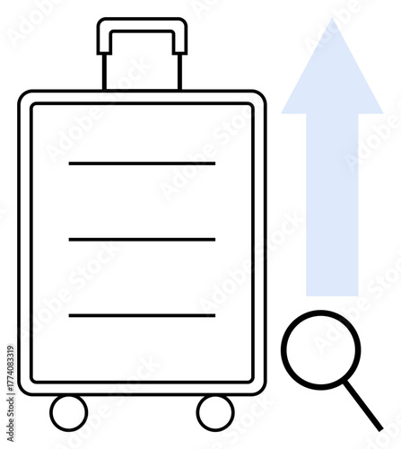 Suitcase on rolling wheels paired with magnifying glass and upward arrow. Ideal for travel planning, growth, exploration, tourism, business trips, research, and innovation. Simple flat metaphor