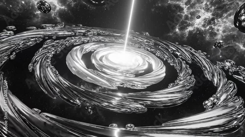 Cosmic energy beam erupts from a swirling galaxy center, illuminating the vastness of space.