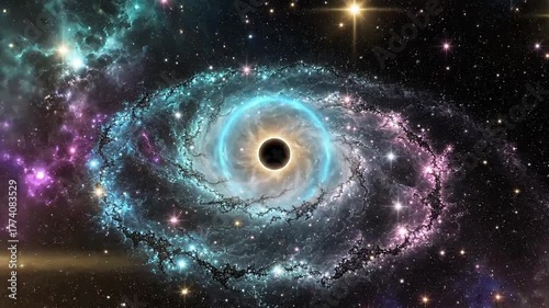 Vibrant spiral galaxy with a mysterious black hole at its core, set against a starry cosmic background.
