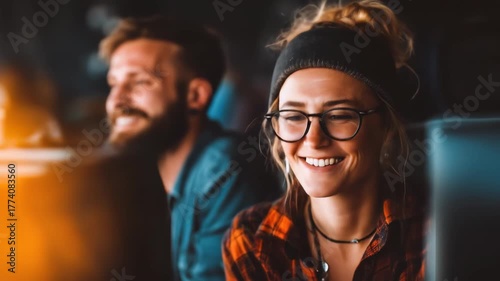 Young couple smiling and working together indoors, with warm lighting