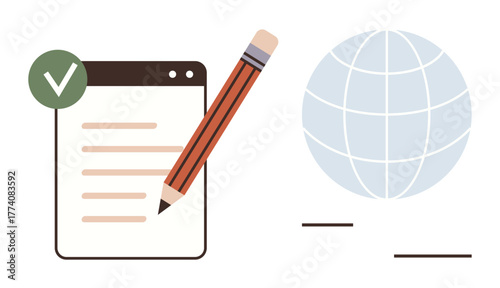 Note page with a checklist and pencil alongside a globe grid. Ideal for education, communication, workflow, approval, web content, globalization, efficiency. Clean flat metaphor