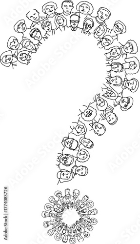 Drawn People Forming Question Mark Shape: Teamwork and Problem Solving Concept, Diverse Faces Together, Representing Uncertainty and Inquiry in Business