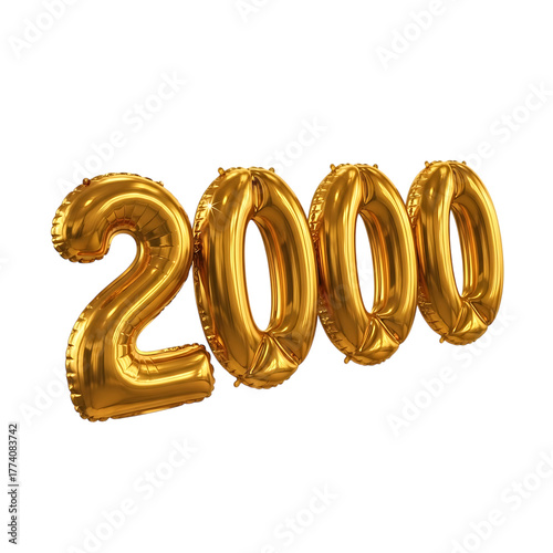 Shiny gold foil balloons forming the number 2000 with reflective highlights on black background year isolated on a transparent background