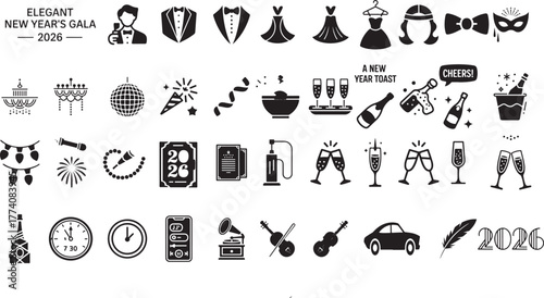 New year's eve celebration icon set: elegant gala party and event kit