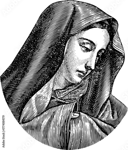 Vintage engraving of Madonna, a serene depiction of faith and maternal love, perfect for religious art, historical projects, or conveying peace and grace