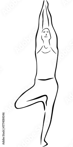 Elegant minimalist line art captures a serene person in a graceful yoga tree pose, promoting balance and mindfulness for wellness content.