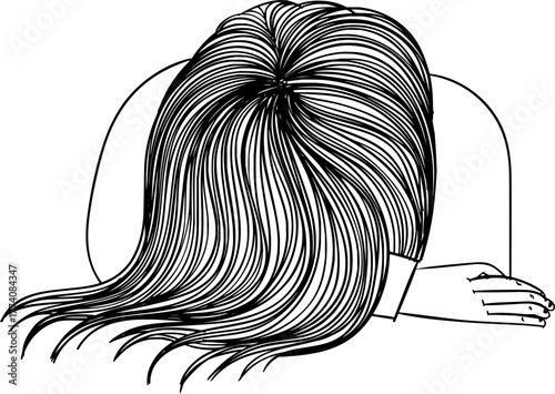 Melancholy woman resting with head down, an expressive line art piece conveying sorrow, stress, and emotional exhaustion, perfect for mental health campaigns