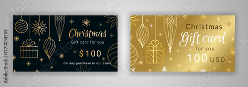 Christmas gift cards. Certificates with line art geometric boxes, baubles and toys. New Year's decorations on the one hundred dollar voucher template. Black gold EPS 10 vector ornate design.
