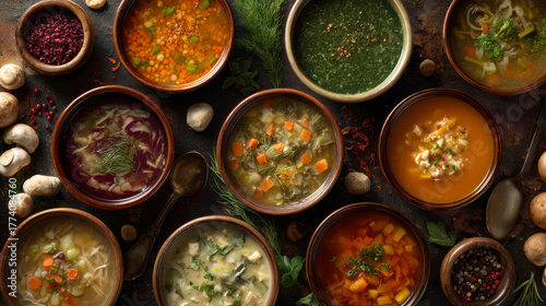 Panoramic flat lay of different vegetable soups for healthy eating concept