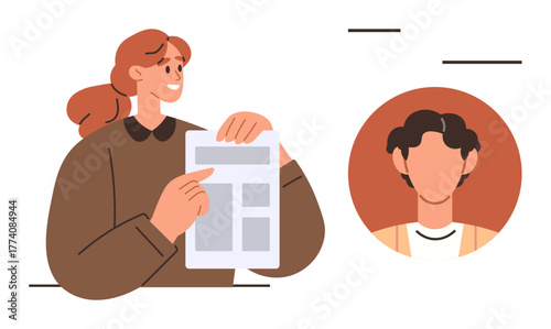 Woman holding document and pointing to details while engaging with a profile image. Ideal for collaboration, recruitment, exchange of ideas, communication, teamwork, planning, simple flat metaphor