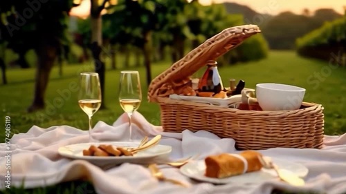 Sunset Vineyard Picnic with Champagne and Fresh Bounty