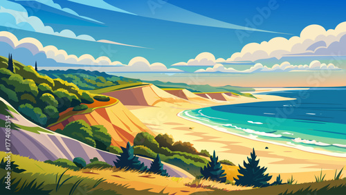 Very beautiful panoramic view of Indiana Dunes, Indiana, USA, featuring sandy beaches, rolling dunes, and the sparkling waters of Lake Michigan under a bright summer sky.