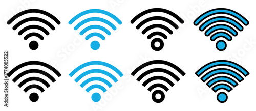 Set of wifi icons in various styles and signal levels. Minimal vector illustration with black and blue wireless symbols. Perfect for network, internet and communication design concepts.