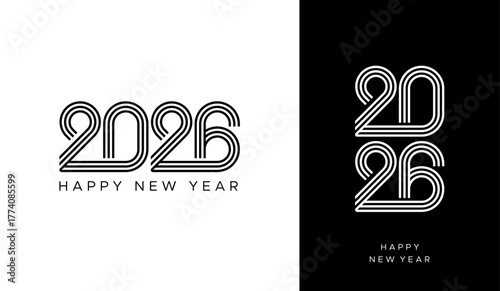 2026 Happy New Year vector logo or typography with layered black line typography on white background, 2026 new year line art logo design