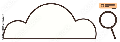Cloud outline with magnifying glass and file tab representing data storage, search, and accessibility. Ideal for technology, data, communication, organization, network, storage research themes