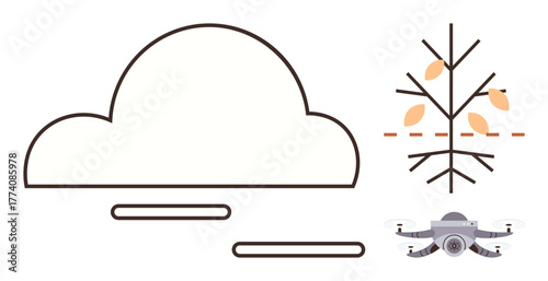 quadcopter monitoring seasonal changes in tree with falling leaves. Ideal for technology, environment, sustainability, agriculture, innovation, science, ecology. Minimalist flat metaphor