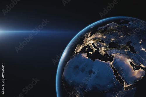 Planet Earth at night seen from space with illuminated cities in Europe, Africa, Middle East, Asia regions, highlighting human activity and global connectivity against the dark universe. Space. 