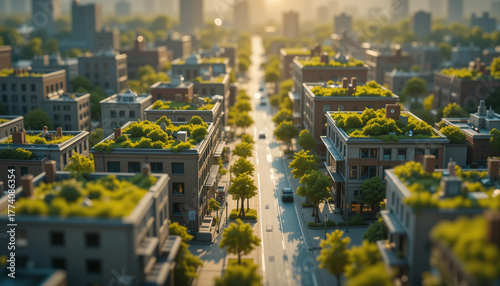 diorama of green city with green rooftops and clean energy