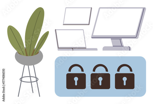 Monitors, laptop, and tablet near houseplant with three lock icons emphasizing data protection. Ideal for cybersecurity, privacy, technology, remote work, home office safety trust. Simple flat