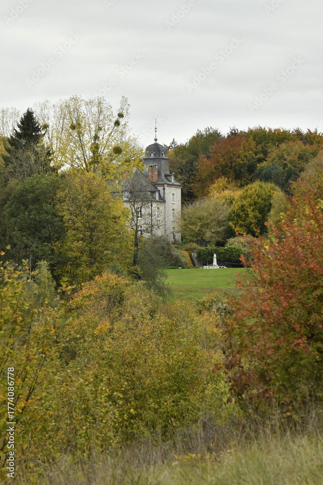 Obraz premium Château dissimulé dans la végétation en automne à Sosoye (Anhée-Dinant)