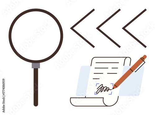 Magnifying glass, arrows for editing or revision, and document with digital signature in progress. Ideal for research, proofreading, document management, digital workflow, editing, legal processes