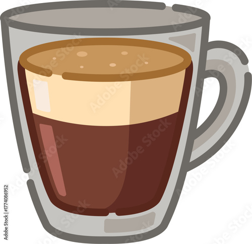 Cup of espresso coffee in transparent glass, symbolizing hot drink, caffeine boost, and modern cafe lifestyle