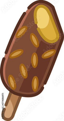 Illustration of ice cream bar dipped in chocolate with crunchy nuts, ideal for dessert or snack design concepts