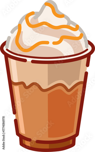 Iced coffee frappe topped with whipped cream and caramel drizzle, ideal for cafe, beverage, and refreshment illustration