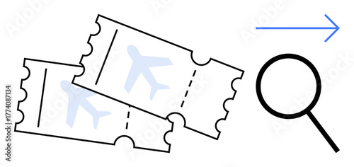 Airplane tickets paired with a magnifying glass and arrow suggest planning, booking, or searching for travel. Ideal for tourism, online booking, exploration, research, transportation, vacation