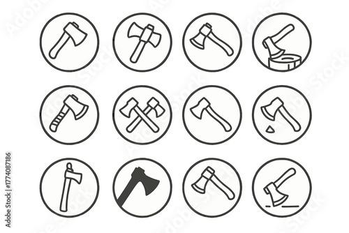 Line Art Axes Icons. Line style icons of axes in round shape: single-bit axe, double-bit axe, axe in log, axe with handle grip;