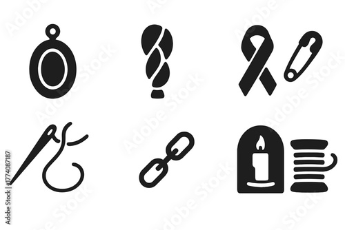 Mourning Accessories Icons. Solid style icons of Mourning Accessories: Black Locket, Hair Weave, Ribbon, Pin, Needle, Thread,