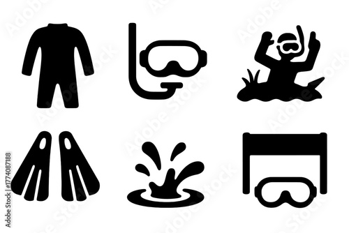 Bog Snorkeling Icons. Solid style icons of Bog Snorkeling: Wet Suit, Mask, Peat Bog, Quirky Competition, Fins, Water Splash,
