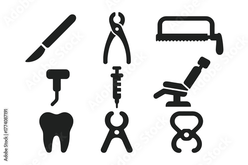 Vintage Dental Tools Icons. Solid style icons of Early Dental Surgery: Knife, Forceps, Bone Saw, Drill, Syringe, Chair, Tooth,