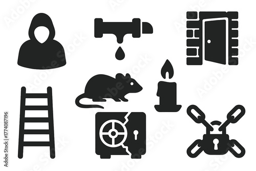 Underground Mystery Icons. Solid style icons of Underground Mystery: shadow figure, dripping pipe, hidden door, rat silhouette,