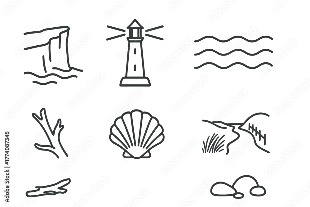 Fototapeta premium Seaside Line Icons. Line style icons of Seaside Landscape: Cliff, Lighthouse Beam, Waves, Driftwood, Seashell, Coastal Path, Dune