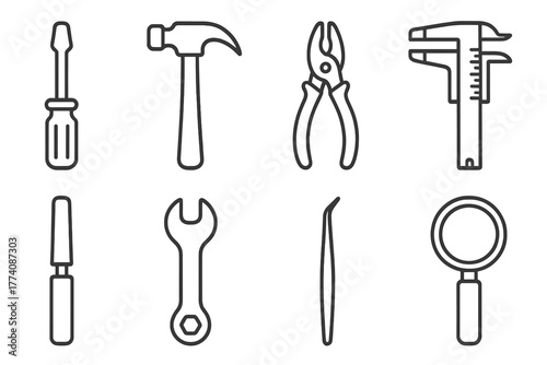 Workshop Tool Icons. Line style icons of Workshop tools: screwdriver, hammer, pliers, caliper, file, wrench, tweezers, magnifying
