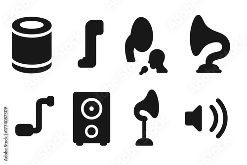 Vintage Dictaphone Icons. Solid style icons of Vintage Dictaphone: Wax Cylinder, Stylus, Mouthpiece, Recording, Crank, Speaker,