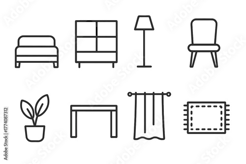 Minimalist Room Icons. Line style icons of Minimalist Room: Simple Bed, Open Shelf, Floor Lamp, Chair, Plant Pot, Desk, Curtain,