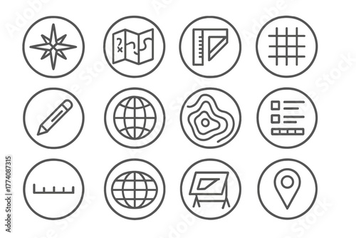 Cartography Icons Collection. Line style circular vector icons of Cartography: Compass Rose, Map, Ruler, Grid; Pencil, Globe,