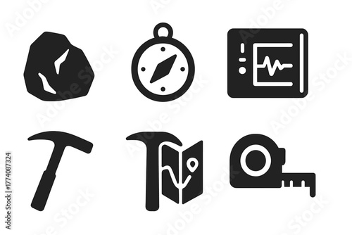 Field Geology Icons. Solid style icons of Field Geology: Rock, Compass, Notebook, Seismograph, Pickaxe, Hammer, Map, Measuring