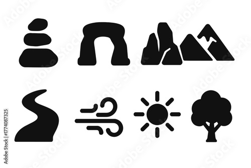 Nature Icon Set. Solid style icons of Natural Sculptures: Balanced Stones, Arch, Rock Formation, Mountain, River, Wind Symbol, Sun