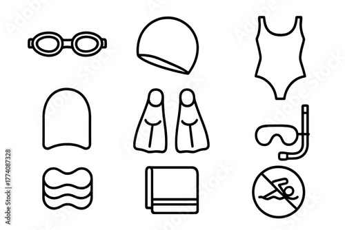 Swimming Gear Icons. Line style icons of Swimming gear: goggles, swim cap, swimsuit, kickboard, fins, snorkel, pull buoy, towel,
