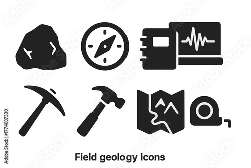Field Geology Icons. Solid style icons of Field Geology: Rock, Compass, Notebook, Seismograph, Pickaxe, Hammer, Map, Measuring