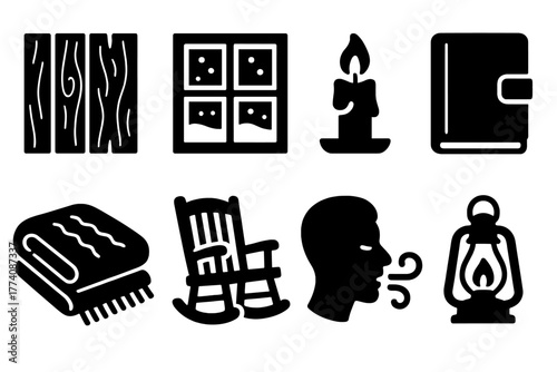 Cozy Cabin Essentials. Solid style icons of Cabin Fever: Wooden Walls, Snowy Window, Flickering Candle, Journal, Wool Blanket,