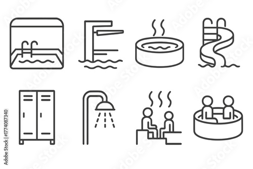 Aquatic Facility Icons. Line style icons of Aquatic facilities: indoor pool, diving tower, jacuzzi, water slide, locker, shower,