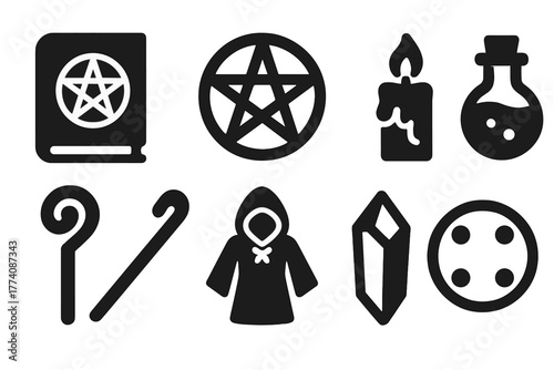 Magical Ritual Icons. Solid style icons of Magical Rituals: Spellbook, Pentagram, Candle, Potion, Staff, Robe, Crystal, Circle, No