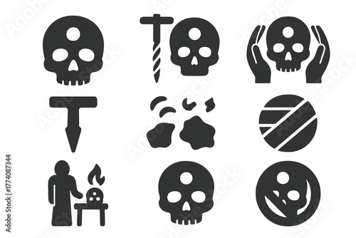 Trepanation Icon Set. Solid style icons of Trepanation: Skull, Hole, Primitive Drill, Healing, Ancient Tool, Bone Shavings,
