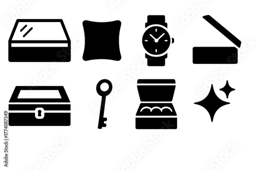 Elegant Watch Display Icon. Solid style icons of Watch Display Case: Glass Box, Leather Cushion, Elegant Watch, Hinged Lid, Wooden