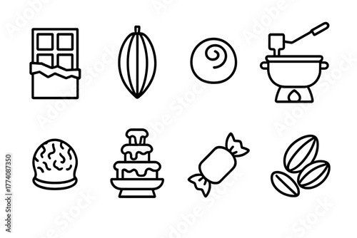 Chocolate Factory Icons. Line style icons of Chocolate Factory: Chocolate Bar, Cocoa Pod, Bonbon, Fondue Pot, Truffle, Chocolate